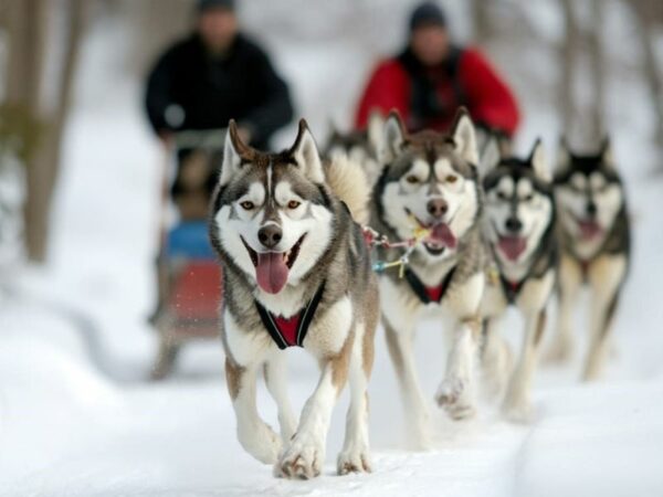 4 chiens de traineaux dans la neige tirant deux personnes.