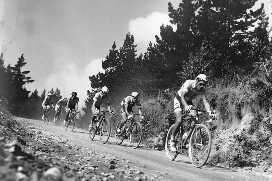 Groupe de cyclistes descendant une route de montagne dans les Hautes Alpes.